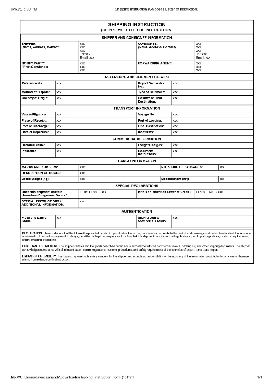 Nội dung của Shipping Instruction gồm những gì?